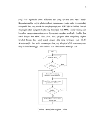 7




yang akan digunakan untuk menerima data yang terkirim oleh RFID reader.
Kemudian apabila port tersebut mendapat masukan dari reader, maka program akan
mengambil data yang masuk dan menyimpannya pada SBUF (Serial Buffer). Setelah
itu progam akan mengambil data yang tersimpan pada MMC secara berulang dan
kemudian mencocokkan data tersebut dengan data masukan serial tadi. Apabila data
serial dengan data MMC tidak cocok, maka program akan mengulang langkah
tersebut hingga data serial cocok dengan data yang tersimpan pada MMC.
Selanjutnya jika data serial sama dengan data yang ada pada MMC, maka rangkaian
relay akan aktif sehingga kunci solenoid akan terbuka untuk beberapa saat.




                        Gambar 3 Flowchart Program Utama
 