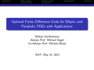 Introduction         Elliptic problem       Parabolic problem   Proposed Work   Conclusion




               Optimal Finite Diﬀerence Grids for Elliptic and
                    Parabolic PDEs with Applications

                                   Oleksiy Varfolomiyev
                                Advisor Prof. Michael Siegel
                               Co-Advisor Prof. Michael Booty


                                        NJIT, May 15, 2012
 