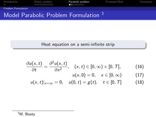 Introduction              Elliptic problem   Parabolic problem       Proposed Work     Conclusion

Problem Formulation

                                                                 3
Model Parabolic Problem Formulation



                                Heat equation on a semi-inﬁnite strip



                      ∂u(x, t)   ∂ 2 u(x, t)
                               =             ,    (x, t) ∈ [0, ∞) × [0, T ],         (16)
                        ∂t           ∂x 2
                                                 u(x, 0) = 0,    x ∈ [0, ∞)          (17)
                        u(x, t)|x=∞ = 0,     u(0, t) = g (t),    t ∈ [0, T ]         (18)




               3
                   M. Booty
 