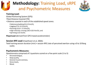 Methodology: Training Load, sRPE
and Psychometric Measures
Training Load:
Global Positioning System (GPS):
PlayerLoad (derived from GPS triaxial accelerometer)
Session RPE Load (Impellizzeri et al, 2004):
Total training session duration (min) × session RPE (rate of perceived exertion using a 0 to 10 Borg
scale).
Psychometric Measures:
Questionnaire comprised of 5 questions scored on a five-point scale (1 to 5)
• Perceived fatigue,
• Sleep quality,
• General muscle soreness,
• Stress levels,
• Mood.
•Total Distance Covered (TD)
• Distance covered in each of the established speed zones:
• Stationary/walking (0–6.9 km/h),
• Jogging (7.0–12.9 km/h),
• Running (13.0– 17.9 km/h),
• High-intensity running (18.0–20.9 km/h), and
• Sprinting (>21 km/h).
 