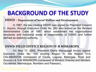 BACKGROUND OF THE STUDY 
DSWD – Department of Social Welfare and Development 
In 1987, the law creating DSWD was signed by President Corazon 
C. Aquino, through Executive Order No. 292 also known as the Revised 
Administrative Code of 1987 which established the organizational 
structures and functional areas of responsibility of DSWD and further 
defined as statutory authority. 
DSWD FIELD OFFFICE REGION IV-B MIMAROPA 
On May 17, 2002, President Gloria Macapagal Arroyo signed 
Executive Order No. 103 dividing Region IV into Region IV-A 
CALABARZON (composed of Cavite, Laguna, Batangas, Rizal and 
Quezon) & IV-B MIMAROPA (composed of Mindoro Oriental and Mindoro 
Occidental, Marinduque, Romblon and Palawan). 
 