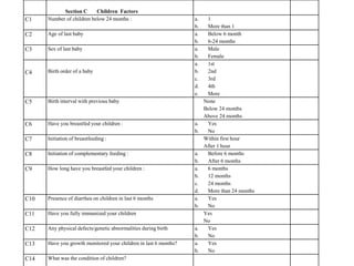 Section C Children Factors
C1 Number of children below 24 months : a. 1
b. More than 1
C2 Age of last baby a. Below 6 month
b. 6-24 months
C3 Sex of last baby a. Male
b. Female
C4 Birth order of a baby
a. 1st
b. 2nd
c. 3rd
d. 4th
e. More
C5 Birth interval with previous baby None
Below 24 months
Above 24 months
C6 Have you breastfed your children : a. Yes
b. No
C7 Initiation of breastfeeding : Within first hour
After 1 hour
C8 Initiation of complementary feeding : a. Before 6 months
b. After 6 months
C9 How long have you breastfed your children : a. 6 months
b. 12 months
c. 24 months
d. More than 24 months
C10 Presence of diarrhea on children in last 6 months a. Yes
b. No
C11 Have you fully immunized your children Yes
No
C12 Any physical defects/genetic abnormalities during birth a. Yes
b. No
C13 Have you growth monitored your children in last 6 months? a. Yes
b. No
C14 What was the condition of children?
 