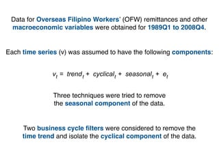 Data for Overseas Filipino Workers’ (OFW) remittances and other
 macroeconomic variables were obtained for 1989Q1 to 2008Q4.


Each time series (v) was assumed to have the following components:


              vt = trend t + cyclical t + seasonal t + et


               Three techniques were tried to remove
               the seasonal component of the data.


     Two business cycle ﬁlters were considered to remove the
     time trend and isolate the cyclical component of the data.
 