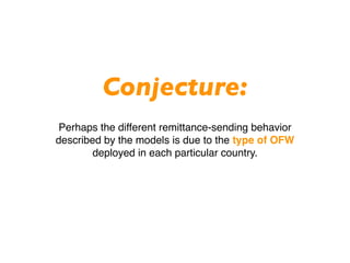 Conjecture:
 Perhaps the different remittance-sending behavior
described by the models is due to the type of OFW
        deployed in each particular country.
 