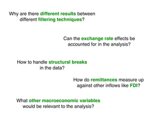 Why are there different results between
    different ﬁltering techniques?



                        Can the exchange rate effects be
                         accounted for in the analysis?


   How to handle structural breaks
             in the data?

                             How do remittances measure up
                              against other inﬂows like FDI?


   What other macroeconomic variables
     would be relevant to the analysis?
 