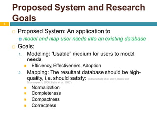 Proposed System and Research Goals6Proposed System: An application tomodel and map user needs into an existing databaseGoals:Modeling: “Usable” medium for users to model needs Efficiency, Effectiveness, Adoption Mapping: The resultant database should be high-quality, i.e. should satisfy: (Silberschatz et al. 2001, Batini and Scannapieco, 2006, Batini et al. 1992)NormalizationCompletenessCompactness Correctness