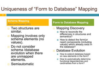 Uniqueness of “Form to Database” MappingTwo structures are similar. Mapping involves only schema elements (no values).Do not consider schema /database evolution when there are unmapped elements.SemiautomaticMapping DiscoveryHow to reconcile the differences in structures and semantics?How to detect the form(or need) components (including values) which already exist in the database? Database EvolutionHow to extend database based on new elements in the form?How to automatically determine functional dependencies and cardinalities from a form?9Schema Mapping(Rahm and Bernstein 2001)Form to Database Mapping