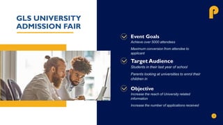GLS UNIVERSITY
ADMISSION FAIR
Event Goals
Achieve over 5000 attendees
Maximum conversion from attendee to
applicant
Target Audience
Students in their last year of school
Parents looking at universities to enrol their
children in
Objective
Increase the reach of University related
information
Increase the number of applications received
P
 