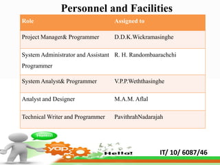 Personnel and Facilities
Role                              Assigned to

Project Manager& Programmer       D.D.K.Wickramasinghe

System Administrator and Assistant R. H. Randombaarachchi
Programmer

System Analyst& Programmer        V.P.P.Weththasinghe

Analyst and Designer              M.A.M. Aflal

Technical Writer and Programmer   PavithrahNadarajah




                                                   IT/ 10/ 6087/46
 