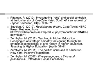  Pattman, R. (2010). Investigating “race” and social cohesion 
at the University of Kwa-Zulu Natal. South African Journal of 
Higher Education, 24(6), 953-971. 
 Soudien, C. (2012). Realising the dream. Cape Town: HSRC 
Press. Retrieved from 
http://www.hsrcpress.ac.za/product.php?productid=2291&free 
download=1 
 Zembylas, M. (2012). Teaching in Higher Education 
Pedagogies of strategic empathy: navigating through the 
emotional complexities of anti-racism in higher education. 
Teaching in Higher Education, (April), 37-41. 
 Zembylas, M. (2011). The politics of trauma in education. 
New York: Palgrave Macmillan. 
 Zembylas, M. (2007). Five pedagogies, a thousand 
possibilities. Rotterdam: Sense Publishers. 
 