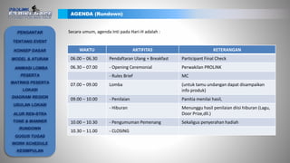 Secara umum, agenda Inti pada Hari-H adalah :
AGENDA (Rundown)
WAKTU AKTIFITAS KETERANGAN
06.00 – 06.30 Pendaftaran Ulang + Breakfast Participant Final Check
06.30 – 07.00 - Opening Ceremonial Perwakilan PROLiNK
- Rules Brief MC
07.00 – 09.00 Lomba (untuk tamu undangan dapat disampaikan
info produk)
09.00 – 10.00 - Penilaian Panitia menilai hasil,
- Hiburan Menunggu hasil penilaian diisi hiburan (Lagu,
Door Prize,dll.)
10.00 – 10.30 - Pengumuman Pemenang Sekaligus penyerahan hadiah
10.30 – 11.00 - CLOSING
PENGANTAR
TENTANG EVENT
KONSEP DASAR
ANIMASI LOMBA
PESERTA
MATRIKS PESERTA
LOKASI
DIAGRAM REGION
USULAN LOKASI
ALUR REN-STRA
TONE & MANNER
RUNDOWN
GUGUS TUGAS
WORK SCHEDULE
KESIMPULAN
MODEL & ATURAN
 