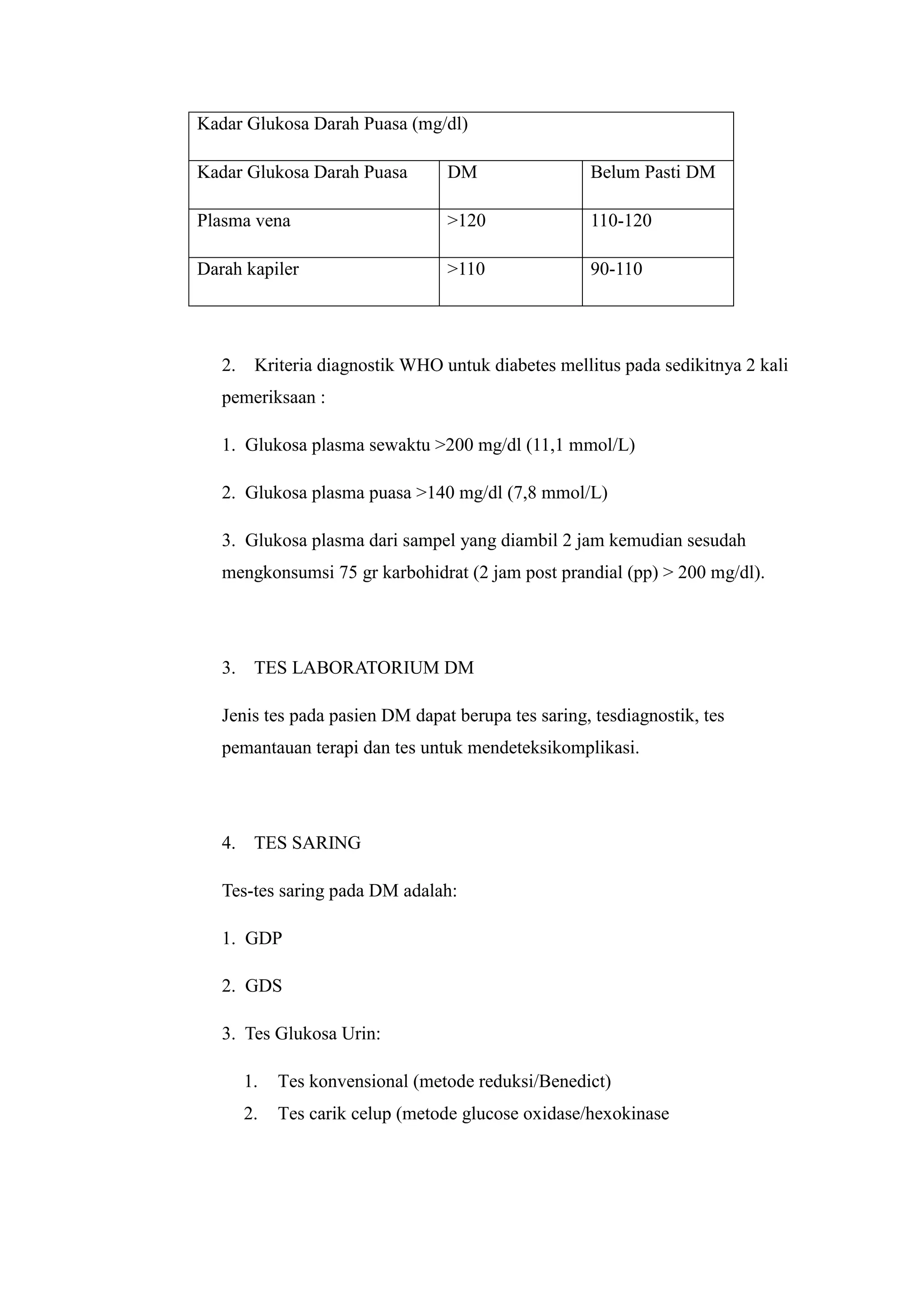 Kadar Glukosa Darah Puasa (mg/dl)
Kadar Glukosa Darah Puasa

DM

Belum Pasti DM

Plasma vena

>120

110-120

Darah kapiler

>110

90-110

2.

Kriteria diagnostik WHO untuk diabetes mellitus pada sedikitnya 2 kali

pemeriksaan :
1. Glukosa plasma sewaktu >200 mg/dl (11,1 mmol/L)
2. Glukosa plasma puasa >140 mg/dl (7,8 mmol/L)
3. Glukosa plasma dari sampel yang diambil 2 jam kemudian sesudah
mengkonsumsi 75 gr karbohidrat (2 jam post prandial (pp) > 200 mg/dl).

3. TES LABORATORIUM DM
Jenis tes pada pasien DM dapat berupa tes saring, tesdiagnostik, tes
pemantauan terapi dan tes untuk mendeteksikomplikasi.

4. TES SARING
Tes-tes saring pada DM adalah:
1. GDP
2. GDS
3. Tes Glukosa Urin:
1.

Tes konvensional (metode reduksi/Benedict)

2.

Tes carik celup (metode glucose oxidase/hexokinase

 