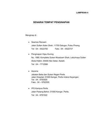 LAMPIRAN 4

SENARAI TEMPAT PENGINAPAN

Menginap di :

Seameo Recsam
Jalan Sultan Azlan Shah, 11700 Gelugor, Pulau Pinang.
Tel : 04 – 6522700

Faks : 04 – 6522737

Penginapan Hijau Kuning
No. 1989, Kompleks Sukan Muadzam Shah, Lebuhraya Sultan
Abdul Halim, 05400 Alor Setar, Kedah.
Tel : 04 – 7712996

Asrama
Jabatan Belia dan Sukan Negeri Perlis
Jalan Hospital, 01000 Kangar, Perlis Indera Kayangan.
Tel : 04 - 9793505
Faks : 04 – 9762555
IPG Kampus Perlis
Jalan Padang Behor, 01000 Kangar, Perlis.
Tel : 04 - 9781522

 