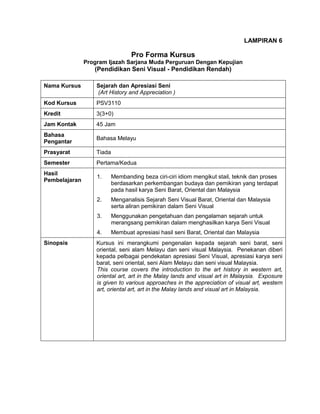 LAMPIRAN 6

Pro Forma Kursus
Program Ijazah Sarjana Muda Perguruan Dengan Kepujian

(Pendidikan Seni Visual - Pendidikan Rendah)
Nama Kursus

Sejarah dan Apresiasi Seni
(Art History and Appreciation )

Kod Kursus

PSV3110

Kredit

3(3+0)

Jam Kontak

45 Jam

Bahasa
Pengantar

Bahasa Melayu

Prasyarat

Tiada

Semester

Pertama/Kedua

Hasil
Pembelajaran

1.

Membanding beza ciri-ciri idiom mengikut stail, teknik dan proses
berdasarkan perkembangan budaya dan pemikiran yang terdapat
pada hasil karya Seni Barat, Oriental dan Malaysia

2.

Menganalisis Sejarah Seni Visual Barat, Oriental dan Malaysia
serta aliran pemikiran dalam Seni Visual

3.

Menggunakan pengetahuan dan pengalaman sejarah untuk
merangsang pemikiran dalam menghasilkan karya Seni Visual

4.

Membuat apresiasi hasil seni Barat, Oriental dan Malaysia

Sinopsis

Kursus ini merangkumi pengenalan kepada sejarah seni barat, seni
oriental, seni alam Melayu dan seni visual Malaysia. Penekanan diberi
kepada pelbagai pendekatan apresiasi Seni Visual, apresiasi karya seni
barat, seni oriental, seni Alam Melayu dan seni visual Malaysia.
This course covers the introduction to the art history in western art,
oriental art, art in the Malay lands and visual art in Malaysia. Exposure
is given to various approaches in the appreciation of visual art, western
art, oriental art, art in the Malay lands and visual art in Malaysia.

 
