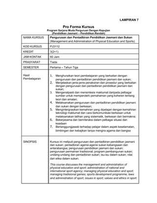 LAMPIRAN 7

Pro Forma Kursus
Program Sarjana Muda Perguruan Dengan Kepujian
(Pendidikan Jasmani – Pendidikan Rendah)

NAMA KURSUS

Pengurusan dan Pentadbiran Pendidikan Jasmani dan Sukan
(Management and Administration of Physical Education and Sports)

KOD KURSUS

PJ3112

KREDIT

3(2+1)

JAM KONTAK

60 Jam

PRASYARAT

Tiada

SEMESTER

Pertama – Tahun Tiga

Hasil
Pembelajaran

1. Menghuraikan teori pembelajaran yang berkaitan dengan
pengurusan dan pentadbiran pendidikan jasmani dan sukan;

2. Menjelaskan jenis-jenis penaksiran dan prosedur yang berkaitan
3.

4.
5.
6.
7.

SINOPSIS

dengan pengurusan dan pentadbiran pendidikan jasmani dan
sukan;
Mengenalpasti dan mensintesis maklumat daripada pelbagai
sumber untuk memperolehi pemahaman yang koheren tentang
teori dan amalan;
Melaksanakan pengurusan dan pentadbiran pendidikan jasmani
dan sukan dengan berkesan;
Mengintergrasikan kemahiran yang dipelajari dengan kemahiran
teknologi maklumat dan cara berkomunikasi berkesan untuk
melaksanakan latihan yang sistematik, berkesan dan bermakna;
Bekerjasama dan berinteraksi dalam pelbagai situasi dan
keadaan
Bertanggungjawab terhadap pelajar dalam aspek keselamatan,
bimbingan dan kebajikan tanpa mengira agama dan bangsa

Kursus ini meliputi pengurusan dan pentadbiran pendidikan jasmani
dan sukan; pentadbiran agensi-agensi sukan kebangsaan dan
antarabangsa; pengurusan pendidikan jasmani dan sukan;
pengurusan permainan tradisional; program pembangunan sukan;
undang-undang dan pentadbiran sukan; isu-isu dalam sukan; nilai
dan etika dalam sukan.
This course discusses the management and administration of
physical education and sport; administration of national and
international sport agency; managing physical education and sport;
managing tradisional games; sports development programme; laws
and administration of sport; issues in sport; values and ethics in sport.

 