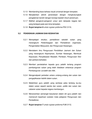 5.1.5 Membanding beza bahasa visual universal dengan tempatan.
5.1.6 Menjalankan

aktiviti

penerokaan

dengan

menghubungkait

pengalaman kendiri dengan konsep kaedah inkuiri penemuan.
5.1.7 Melihat pengaruh-pengaruh unsur seni daripada negara lain
yang terdapat pada seni bina tempatan.
5.1.8 Rujuk lampiran 6 untuk rujukan proforma PSV 3110.

5.2

PENDIDIKAN JASMANI DAN KESIHATAN

5.2.1 Mempelajari
merangkumi

struktur,

pentadbiran

Perlembagaan

dan

sekolah

sukan

Pentadbiran

yang

organisasi,

Pengendalian Mesyuarat, dan Pengurusan Kewangan.
5.2.2 Mendalami ilmu Pengurusan Pendidikan Jasmani dan Sukan
yang merangkumi Kepimpinan, Sumber Kewangan, Membuat
Keputusan, Penyelesaian Masalah, Penilaian, Pengurusan Stor
dan perkara berkaitan.
5.2.3 Memberi pendedahan kepada guru pelatih tentang program
pembangunan sukan yang telah diadakan antaranya program
Pembangunan Jurulatih dan Atlit.
5.2.4 Mengenalpasti perkaitan antara undang-undang dan sukan dan
pengaplikasian liabiliti dalam sukan.
5.2.5 Melahirkan guru pelatih yang sentiasa peka tentang isu-isu
dalam sukan seperti wanita dan sukan, politik dan sukan dan
cabaran sukan kepada negara membangun.
5.2.6 Menanamkan semangat kesukanan dalam diri guru pelatih dan
memenuhi keperluan sukatan mata pelajaran Pengurusan dan
Pentadbiran.
5.2.7 Rujuk lampiran 7 untuk rujukan proforma PJM 3112.

 