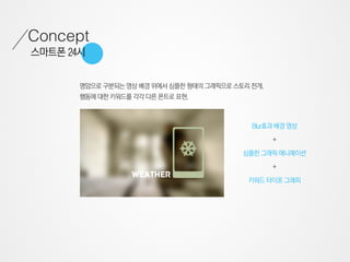 Concept
스마트폰 24시


       명암으로 구분되는 영상 배경 위에서 심플한 형태의 그래픽으로 스토리 전개.
       행동에 대한 키워드를 각각 다른 폰트로 표현.



                                             Blur효과 배경 영상
                                                   +

                                           심플한 그래픽 애니메이션

                                                   +

                                            키워드 타이포 그래피
 