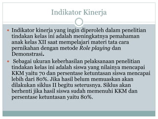 Indikator Kinerja
 Indikator kinerja yang ingin diperoleh dalam penelitian
tindakan kelas ini adalah meningkatnya pemahaman
anak kelas XII saat mempelajari materi tata cara
pernikahan dengan metode Role playing dan
Demonstrasi.
 Sebagai ukuran keberhasilan pelaksanaan penelitian
tindakan kelas ini adalah siswa yang nilainya mencapai
KKM yaitu 70 dan persentase ketuntasan siswa mencapai
lebih dari 80%. Jika hasil belum memuaskan akan
dilakukan siklus II begitu seterusnya. Siklus akan
berhenti jika hasil siswa sudah memenuhi KKM dan
persentase ketuntasan yaitu 80%.
 