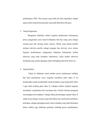 pembelajaran NHT. Peta konsep yang telah ada akan digunakan sebagai

   aguan untuk menjawab pertanyaan yang telah diberikan oleh guru.



3. Tahap Pengamatan

         Mengamati dilakukan selama kegiatan pelaksanaan berlangsung,

   proses pengamatan secra intensif dilakukan oleh dua orang yaitu sebagai

   seorang guru dan seorang teman sejawat. Obyek yang damati peneliti

   meliputi aktivitas peneliti sebagai pengajar dan aktivitas siswa selama

   kegiatan pembelajaran, pengamatan dilakukan berdasarkan lembar

   observasi yang telah disiapkan sebelumnya, selain lembar observasi

   disediakan juga catatan lapangan untuk melengkapi data hasil observasi.



4. Tahap Refleksi

          Tahap ini dilakukan untuk melihat proses pelaksanaan tindakan

   dan hasil pemahaman siswa, kegiatan merefleksi pada siklus II ini

   dimaksudkan untuk memperbaiki setiap kesalahan yang terjadi pada siklus

   I agar tidak terulang pada siklus II. Tahapan refleksi meliputi kegiatan

   memahami, menjelaskan dan meyimpan data. Peneliti bersama pengamat

   merenungkan hail tindakan I sebagai bahan pertimbangan apakah siklus II

   sudah sesuai dengan rencana yang telah dibuat atau masih perlu perbaikan-

   perbaikan, sebagai pelengkap untuk criteria tindakan yang telah ditentukan

   dalam refleksi juga dilakukan penilaian terhadap proses pembelajaran,
 