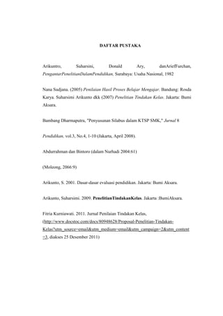 DAFTAR PUSTAKA



Arikuntro,        Suharsini,        Donald             Ary,    danAriefFurchan,
PengantarPenelitianDalamPendidikan, Surabaya: Usaha Nasional, 1982


Nana Sudjana. (2005) Penilaian Hasil Proses Belajar Mengajar. Bandung: Rosda
Karya. Suharsimi Arikunto dkk (2007) Penelitian Tindakan Kelas. Jakarta: Bumi
Aksara.


Bambang Dharmaputra, "Penyusunan Silabus dalam KTSP SMK," Jurnal 8


Pendidikan, vol.3, No.4, 1-10 (Jakarta, April 2008).


Abdurrahman dan Bintoro (dalam Nurhadi 2004:61)


(Moleong, 2066:9)


Arikunto, S. 2001. Dasar-dasar evaluasi pendidikan. Jakarta: Bumi Aksara.


Arikunto, Suharsimi. 2009. PenelitianTindakanKelas. Jakarta :BumiAksara.


Fitria Kurniawati. 2011. Jurnal Penilaian Tindakan Kelas,
(http://www.docstoc.com/docs/80948628/Proposal-Penelitian-Tindakan-
Kelas?utm_source=email&utm_medium=email&utm_campaign=2&utm_content
=3, diakses 25 Desember 2011)
 