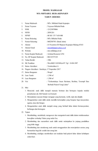 PROFIL MADRASAH
MTs MIFTAHUL HUDA KEPANJEN
TAHUN 2020/2021
1. Nama Madrasah : MTs. Miftahul Huda Kepanjen
2. Nama Yayasan : Yayasan Miftahul Huda
3. NSM : 121235070066
4. NPSN : 20581261
5. NPWP : 00 565 175 7 654 000
6. Nama Rekening : MTs Miftahul Huda
7. Nomor Rekening : 0602305783 (Bank Jatim)
8. Alamat : Jl. Pesantren III Mojosari Kepanjen Malang 65163
9. Alamat Email : mtsmifdakpj@yahoo.co.id
10. Website : mts-mifdakpj.sch.id
11. Nama Kepala Madrasah : Achmad Kuzaeni, S.Pd
12. No. HP Kepala Madrasah : 082132737129
13. Tahun Berdiri : 1986
14. SK Pendirian : Wm.0602/1165/B/Ket/87 Tgl : 18-08-1987
15. Status Akreditasi : Terakreditasi A
16. Piagam Akreditasi : Surabaya, 17 Nopember 2017
17. Status Bangunan : Waqaf
18. Luas Tanah : 1,740 m2
19. Luas Bangunan : 1,700 m2
20. Visi : “Terbentuknya Insan Beriman, Berilmu, Terampil Dan
Berbudi Pekerti Yang Luhur”
21. Misi
1. Mencetak anak didik menjadi manusia beriman dan bertaqwa kepada melalui
pemahaman ala Ahli Sunnah wal Jamaah
2. Menciptakan suasana belajar mengajar yang harmonis, tertib, rajin dan disiplin
3. Mengantarkan anak didik untuk memiliki ketrampilan yang berguna bagi masyarakat,
agama, nusa dan bangsa
4. Mengantarkan anak didik menjadi orang yang berbudi luhur dalam bermasyarakat,
berbangsa dan bernegara
22. Tujuan
1. Membimbing, membekali, mengawasi dan mengontrol anak didik dalam melaksanakan
kuwajiban terhadap Tuhan yang maha Esa.
2. Membimbing dan memotifasi anak didik untuk melanjutkan ke jenjang pendidikan
yang lebih tinggi.
3. Membimbing dan mendorong anak untuk menggunakan dan menciptakan sarana yang
bermanfaat bagi diri sendiri dan orang lain
4. Membimbing sekaligus memberikan suri tauladan budi pekerti luhur dalam kehidupan
sehari-hari.
 