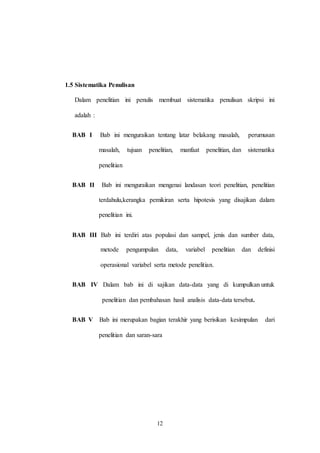 12
1.5 Sistematika Penulisan
Dalam penelitian ini penulis membuat sistematika penulisan skripsi ini
adalah :
BAB I Bab ini menguraikan tentang latar belakang masalah, perumusan
masalah, tujuan penelitian, manfaat penelitian, dan sistematika
penelitian
BAB II Bab ini menguraikan mengenai landasan teori penelitian, penelitian
terdahulu,kerangka pemikiran serta hipotesis yang disajikan dalam
penelitian ini.
BAB III Bab ini terdiri atas populasi dan sampel, jenis dan sumber data,
metode pengumpulan data, variabel penelitian dan definisi
operasional variabel serta metode penelitian.
BAB IV Dalam bab ini di sajikan data-data yang di kumpulkan untuk
penelitian dan pembahasan hasil analisis data-data tersebut.
BAB V Bab ini merupakan bagian terakhir yang berisikan kesimpulan dari
penelitian dan saran-sara
 