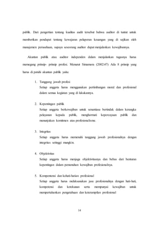 14
publik. Dari pengertian tentang kualitas audit tersebut bahwa auditor di tuntut untuk
memberikan pendapat tentang kewajaran pelaporan keuangan yang di sajikan oleh
manajemen perusahaan, supaya seseorang auditor dapat menjalankan kewajibannya.
Akuntan publik atau auditor independen dalam menjalankan tugasnya harus
memegang prinsip- prinsip profesi. Menurut Simamora (2002:47) Ada 8 prinsip yang
harus di patuhi akuntan publik yaitu:
1. Tanggung jawab profesi
Setiap anggota harus menggunakan pertimbangan moral dan profesional
dalam semua kegiatan yang di lakukannya.
2. Kepentingan publik
Setiap anggota berkewajiban untuk senantiasa bertindak dalam kerangka
pelayanan kepada publik, menghormati kepercayaan publik dan
menunjukan komitmen atas profesionalisme.
3. Integritas
Setiap anggota harus memenuhi tanggung jawab profesionalnya dengan
integritas setinggi mungkin.
4. Objektivitas
Setiap anggota harus menjaga objektivitasnya dan bebas dari benturan
kepentingan dalam pemenuhan kewajiban profesionalnya.
5. Kompentensi dan kehati-hatian profesional
Setiap anggota harus melaksanakan jasa profesionalnya dengan hati-hati,
kompetensi dan ketekunan serta mempunyai kewajiban untuk
mempertahankan pengetahuan dan keterampilan profesional
 