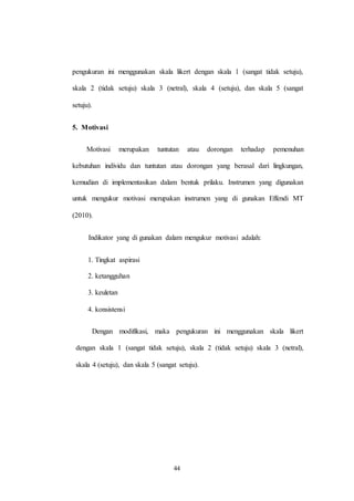44
pengukuran ini menggunakan skala likert dengan skala 1 (sangat tidak setuju),
skala 2 (tidak setuju) skala 3 (netral), skala 4 (setuju), dan skala 5 (sangat
setuju).
5. Motivasi
Motivasi merupakan tuntutan atau dorongan terhadap pemenuhan
kebutuhan individu dan tuntutan atau dorongan yang berasal dari lingkungan,
kemudian di implementasikan dalam bentuk prilaku. Instrumen yang digunakan
untuk mengukur motivasi merupakan instrumen yang di gunakan Effendi MT
(2010).
Indikator yang di gunakan dalam mengukur motivasi adalah:
1. Tingkat aspirasi
2. ketangguhan
3. keuletan
4. konsistensi
Dengan modifikasi, maka pengukuran ini menggunakan skala likert
dengan skala 1 (sangat tidak setuju), skala 2 (tidak setuju) skala 3 (netral),
skala 4 (setuju), dan skala 5 (sangat setuju).
 