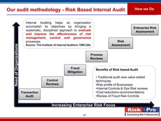 Our audit methodology - Risk Based Internal Audit                                                                How we Do


                              Internal Auditing helps an organization
                              accomplish its objectives by bringing a                                           Enterprise Risk
                              systematic, disciplined approach to evaluate                                       Assessment
                              and improve the effectiveness of risk
                              management, control and governance
                              processes.                                                            Risk
   Need of Organizations




                              Source: The Institute of Internal Auditors 1999 (IIA)              Assessment


                                                                                  Process
                                                                                  Reviews


                                                                 Fraud                Benefits of Risk based Audit
                                                                Mitigation
                                                                                      • Traditional audit view value added
                                              Control                                 techniques
                                              Reviews                                 •Risk profile of Businesses
                                                                                      •Internal Controls & Ops Risk reviews
                           Transaction                                                •Cost reductions recommendations
                              Audit                                                   •Review of Fraud Risk Controls

                                                   Increasing Enterprise Risk Focus

                                                                             25
 
