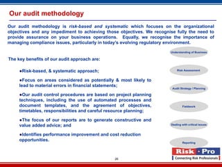 Our audit methodology
Our audit methodology is risk-based and systematic which focuses on the organizational
objectives and any impediment to achieving those objectives. We recognise fully the need to
provide assurance on your business operations. Equally, we recognise the importance of
managing compliance issues, particularly in today’s evolving regulatory environment.

                                                                       Understanding of Business

The key benefits of our audit approach are:

     ●Risk-based, & systematic approach;                                    Risk Assessment


     ●Focus on areas considered as potentially & most likely to
     lead to material errors in financial statements;
                                                                        Audit Strategy / Planning

     ●Our audit control procedures are based on project planning
     techniques, including the use of automated processes and
     document templates, and the agreement of objectives,                       Fieldwork
     timetables, responsibilities and careful resource planning;

     ●The focus of our reports are to generate constructive and
     value added advice; and                                            Dealing with critical issues


     ●Identifies performance improvement and cost reduction
     opportunities.
                                                                                Reporting




                                               26
 