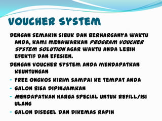 MENGAPA RO AIROLA
 AIROLA menggunakan teknologi Reverse
  Osmosis (RO) yang mampu mengubah air yang
  tidak layak menjadi air minum yang sehat &
  ideal.
 AIROLA menggunakan teknologi Ozon, Bio, dan
  Uv yang telah digunakan untuk memenuhi
  kebutuhan air bersih, jernih, segar, alami dan
  lebih higienis.
 AIROLA menggunakan bahan alami tidak
  memakai bahan kimia atau proses secara
  kimiawi seperti demineralisasi (demin) yang
  berbahaya.
 AIROLA sudah mendapatkan sertifikat dari
  Dinas Kesehatan.
 
