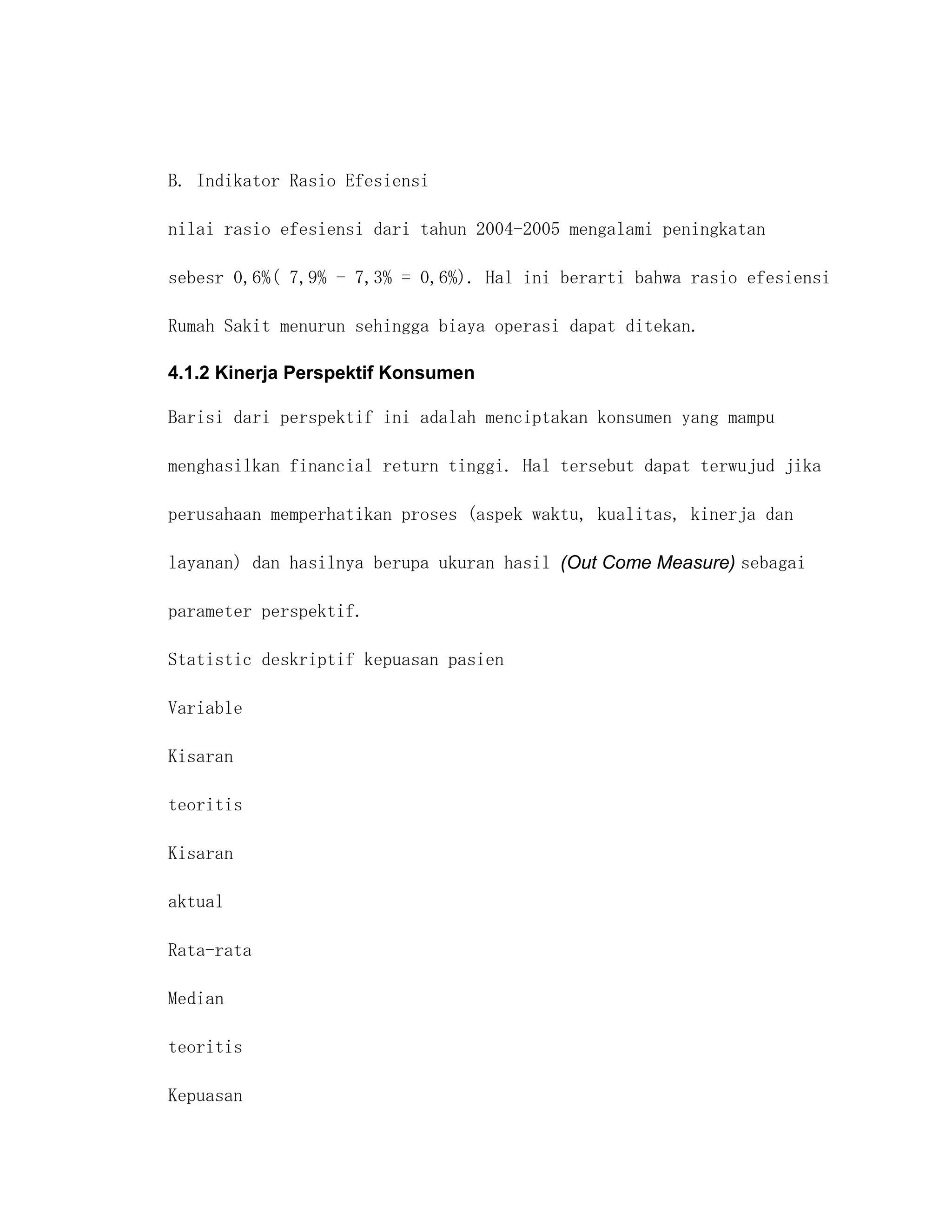 B. Indikator Rasio Efesiensi

nilai rasio efesiensi dari tahun 2004-2005 mengalami peningkatan

sebesr 0,6%( 7,9% - 7,3% = 0,6%). Hal ini berarti bahwa rasio efesiensi

Rumah Sakit menurun sehingga biaya operasi dapat ditekan.

4.1.2 Kinerja Perspektif Konsumen

Barisi dari perspektif ini adalah menciptakan konsumen yang mampu

menghasilkan financial return tinggi. Hal tersebut dapat terwujud jika

perusahaan memperhatikan proses (aspek waktu, kualitas, kinerja dan

layanan) dan hasilnya berupa ukuran hasil (Out Come Measure) sebagai

parameter perspektif.

Statistic deskriptif kepuasan pasien

Variable

Kisaran

teoritis

Kisaran

aktual

Rata-rata

Median

teoritis

Kepuasan
 