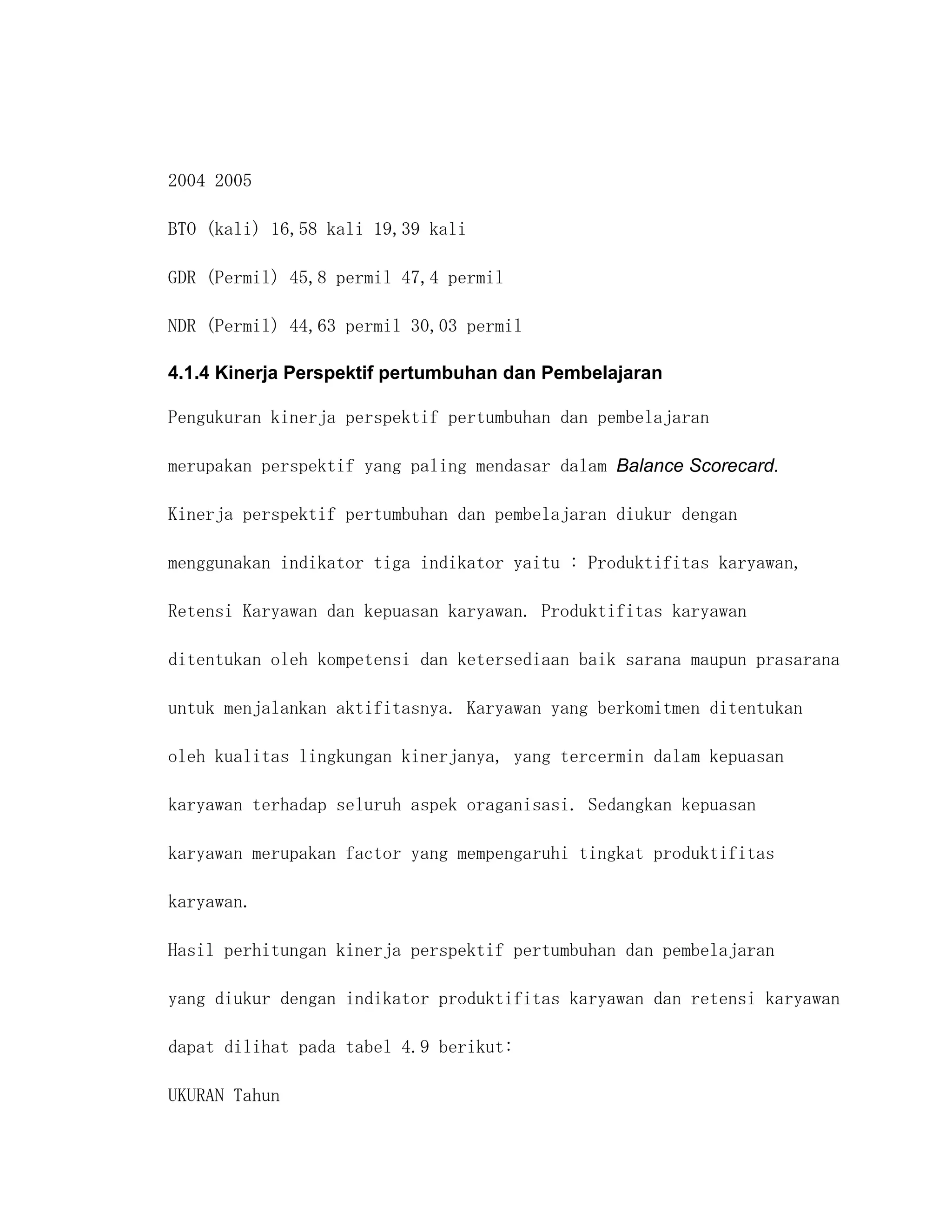 2004 2005

BTO (kali) 16,58 kali 19,39 kali

GDR (Permil) 45,8 permil 47,4 permil

NDR (Permil) 44,63 permil 30,03 permil

4.1.4 Kinerja Perspektif pertumbuhan dan Pembelajaran

Pengukuran kinerja perspektif pertumbuhan dan pembelajaran

merupakan perspektif yang paling mendasar dalam Balance Scorecard.

Kinerja perspektif pertumbuhan dan pembelajaran diukur dengan

menggunakan indikator tiga indikator yaitu : Produktifitas karyawan,

Retensi Karyawan dan kepuasan karyawan. Produktifitas karyawan

ditentukan oleh kompetensi dan ketersediaan baik sarana maupun prasarana

untuk menjalankan aktifitasnya. Karyawan yang berkomitmen ditentukan

oleh kualitas lingkungan kinerjanya, yang tercermin dalam kepuasan

karyawan terhadap seluruh aspek oraganisasi. Sedangkan kepuasan

karyawan merupakan factor yang mempengaruhi tingkat produktifitas

karyawan.

Hasil perhitungan kinerja perspektif pertumbuhan dan pembelajaran

yang diukur dengan indikator produktifitas karyawan dan retensi karyawan

dapat dilihat pada tabel 4.9 berikut:

UKURAN Tahun
 
