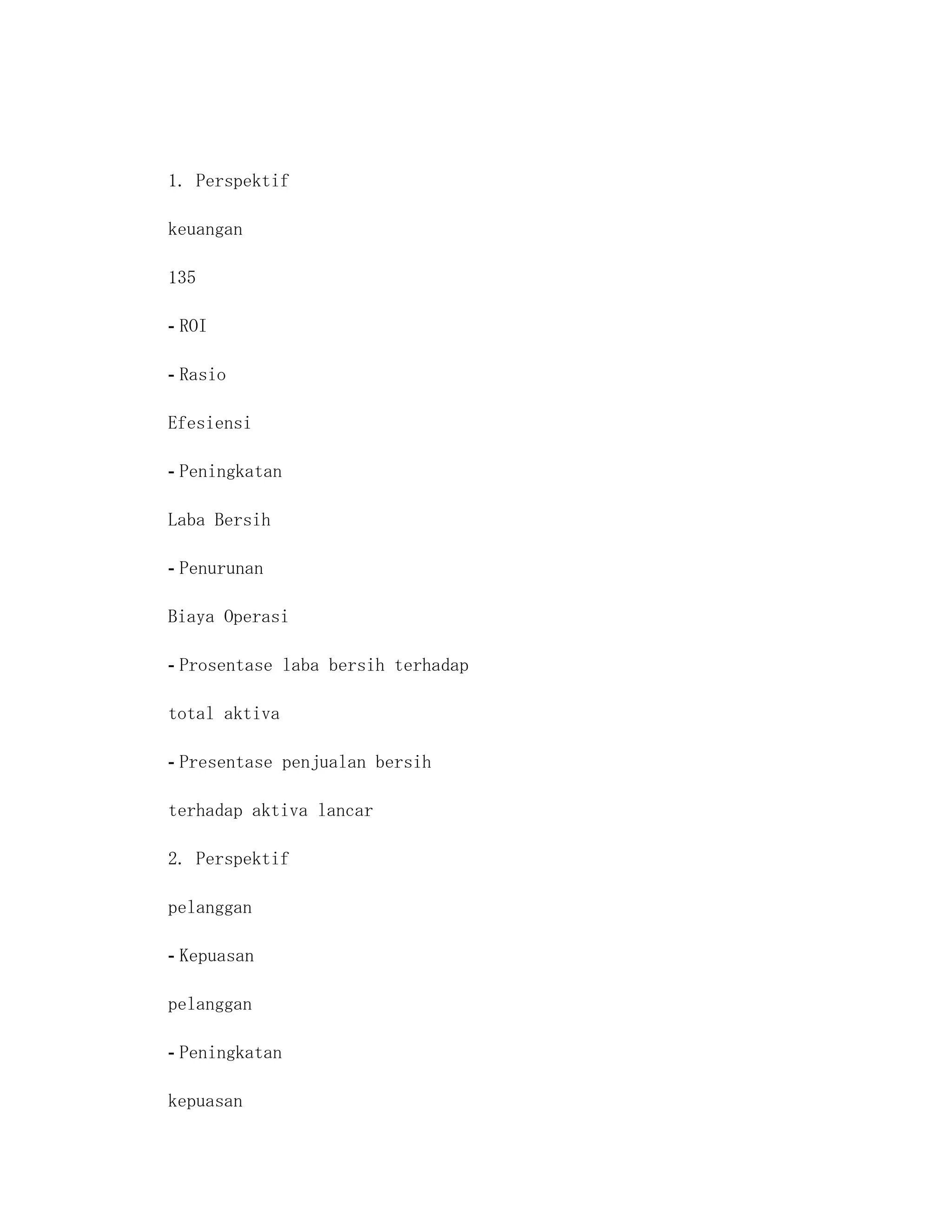 1. Perspektif

keuangan

135

- ROI

- Rasio

Efesiensi

- Peningkatan

Laba Bersih

- Penurunan

Biaya Operasi

- Prosentase laba bersih terhadap

total aktiva

- Presentase penjualan bersih

terhadap aktiva lancar

2. Perspektif

pelanggan

- Kepuasan

pelanggan

- Peningkatan

kepuasan
 