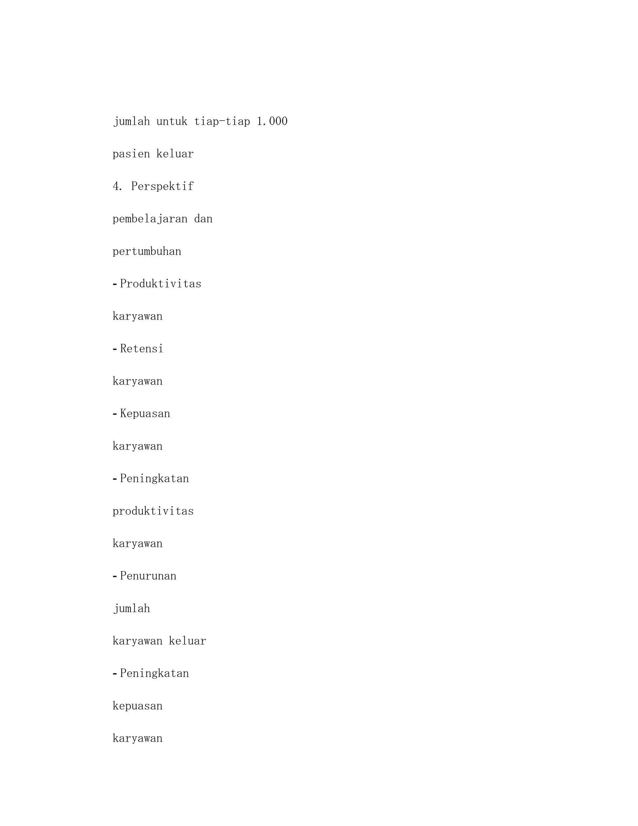 jumlah untuk tiap-tiap 1.000

pasien keluar

4. Perspektif

pembelajaran dan

pertumbuhan

- Produktivitas

karyawan

- Retensi

karyawan

- Kepuasan

karyawan

- Peningkatan

produktivitas

karyawan

- Penurunan

jumlah

karyawan keluar

- Peningkatan

kepuasan

karyawan
 