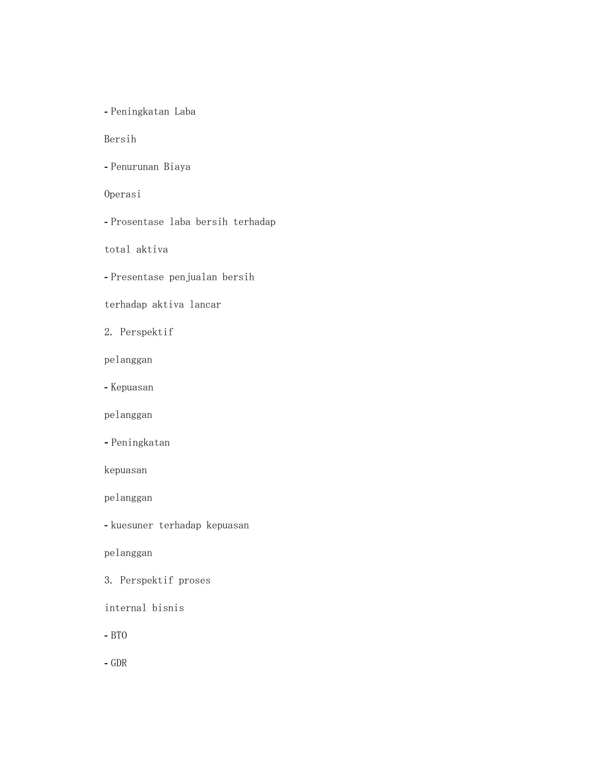 - Peningkatan Laba

Bersih

- Penurunan Biaya

Operasi

- Prosentase laba bersih terhadap

total aktiva

- Presentase penjualan bersih

terhadap aktiva lancar

2. Perspektif

pelanggan

- Kepuasan

pelanggan

- Peningkatan

kepuasan

pelanggan

- kuesuner terhadap kepuasan

pelanggan

3. Perspektif proses

internal bisnis

- BTO

- GDR
 