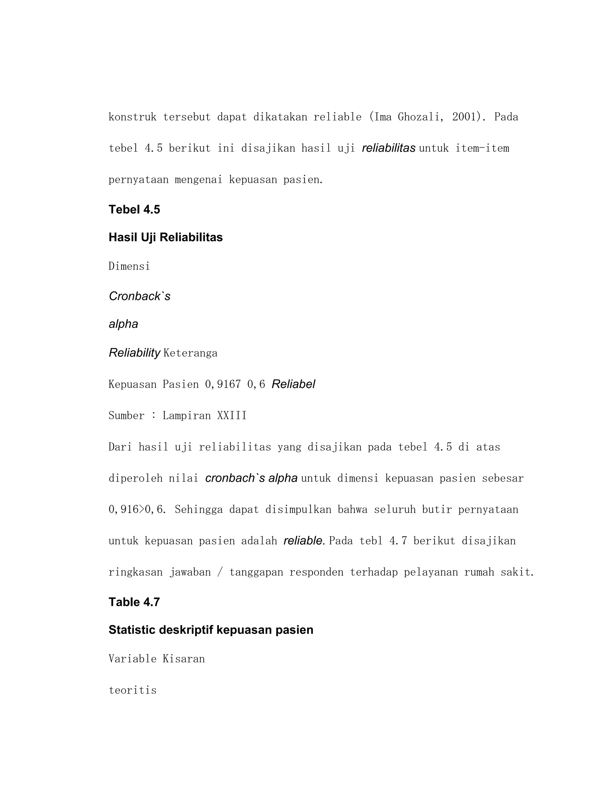 konstruk tersebut dapat dikatakan reliable (Ima Ghozali, 2001). Pada

tebel 4.5 berikut ini disajikan hasil uji reliabilitas untuk item-item

pernyataan mengenai kepuasan pasien.

Tebel 4.5

Hasil Uji Reliabilitas

Dimensi

Cronback`s

alpha

Reliability Keteranga

Kepuasan Pasien 0,9167 0,6 Reliabel

Sumber : Lampiran XXIII

Dari hasil uji reliabilitas yang disajikan pada tebel 4.5 di atas

diperoleh nilai cronbach`s alpha untuk dimensi kepuasan pasien sebesar

0,916>0,6. Sehingga dapat disimpulkan bahwa seluruh butir pernyataan

untuk kepuasan pasien adalah reliable. Pada tebl 4.7 berikut disajikan

ringkasan jawaban / tanggapan responden terhadap pelayanan rumah sakit.

Table 4.7

Statistic deskriptif kepuasan pasien

Variable Kisaran

teoritis
 