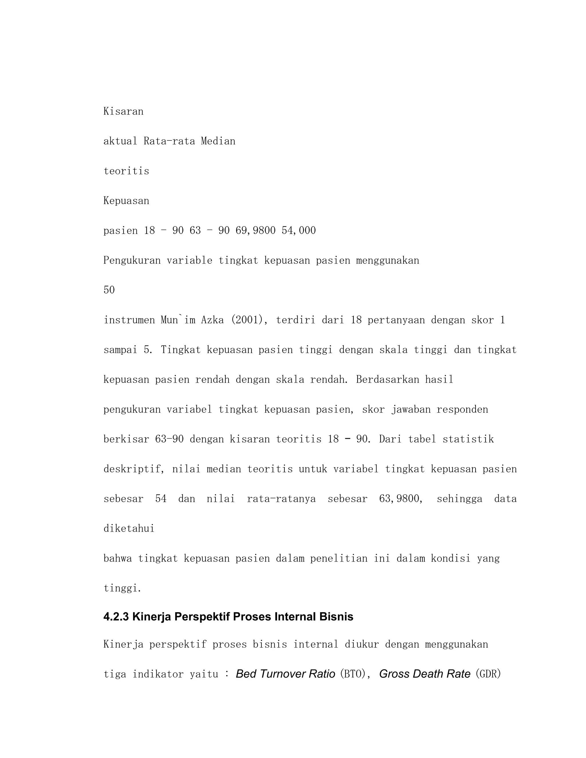 Kisaran

aktual Rata-rata Median

teoritis

Kepuasan

pasien 18 - 90 63 - 90 69,9800 54,000

Pengukuran variable tingkat kepuasan pasien menggunakan

50

instrumen Mun`im Azka (2001), terdiri dari 18 pertanyaan dengan skor 1

sampai 5. Tingkat kepuasan pasien tinggi dengan skala tinggi dan tingkat

kepuasan pasien rendah dengan skala rendah. Berdasarkan hasil

pengukuran variabel tingkat kepuasan pasien, skor jawaban responden

berkisar 63-90 dengan kisaran teoritis 18 – 90. Dari tabel statistik

deskriptif, nilai median teoritis untuk variabel tingkat kepuasan pasien

sebesar 54 dan nilai rata-ratanya sebesar 63,9800, sehingga data

diketahui

bahwa tingkat kepuasan pasien dalam penelitian ini dalam kondisi yang

tinggi.

4.2.3 Kinerja Perspektif Proses Internal Bisnis

Kinerja perspektif proses bisnis internal diukur dengan menggunakan

tiga indikator yaitu : Bed Turnover Ratio (BTO), Gross Death Rate (GDR)
 