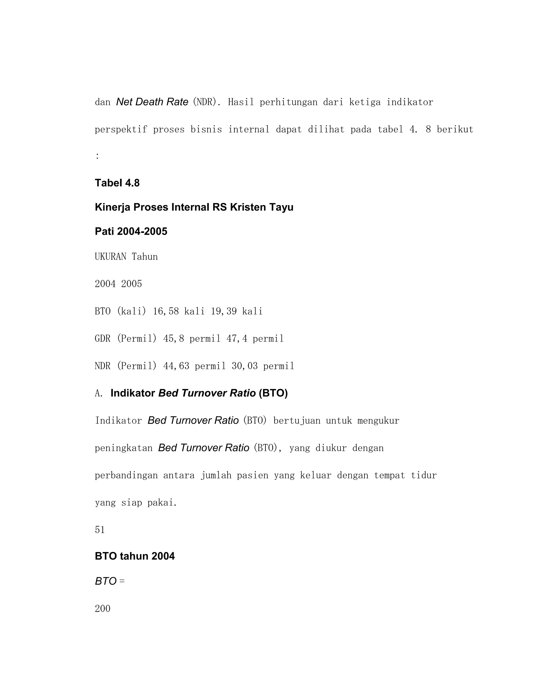 dan Net Death Rate (NDR). Hasil perhitungan dari ketiga indikator

perspektif proses bisnis internal dapat dilihat pada tabel 4. 8 berikut

:

Tabel 4.8

Kinerja Proses Internal RS Kristen Tayu

Pati 2004-2005

UKURAN Tahun

2004 2005

BTO (kali) 16,58 kali 19,39 kali

GDR (Permil) 45,8 permil 47,4 permil

NDR (Permil) 44,63 permil 30,03 permil

A. Indikator Bed Turnover Ratio (BTO)

Indikator Bed Turnover Ratio (BTO) bertujuan untuk mengukur

peningkatan Bed Turnover Ratio (BTO), yang diukur dengan

perbandingan antara jumlah pasien yang keluar dengan tempat tidur

yang siap pakai.

51

BTO tahun 2004

BTO =

200
 