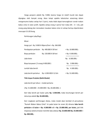 Harga perporsi adalah Rp. 9.000, karena harga ini relatif murah dan dapat
dijangkau oleh banyak orang. Akan tetapi apabila kebutuhan seseorang dalam
mengonsumsi bakso setiap hari 3 porsi, maka tidak dapat kemungkinan rumah makan
bakso cinta ini akan profit. Apabila setiap orang 3 porsi/ hari maka (45 : 3 = 15), jadi
orang yang datang dan merasakan masakan bakso cinta ini setiap harinya diperkirakan
mencapai 15-20 0rang.
Perhitungan Laba/Rugi :
Misal :
Harga jual : Rp. 9.000 X 40porsi/hari = Rp. 360.000
Pendapatan perbulan

Rp. 400.000 X 30 hari

= Rp. 10.800.000,-

Biaya perbulan

Rp. 150.000 X 30 hari

= Rp. 4.500.000,-

Laba kotor

Rp. 6.300.000,-

Biaya karyawan ( 5 orang X 400.000 )

Rp. 2.000.000,-

Jumlah laba bersih

Rp. 4.300.000,-

Laba bersih pertahun

Rp. 4.300.000 X 12 bln

= Rp. 51.600.000,-

Titik Impas Produksi (Balik Modal)
Laba bersih per tahun – modal pertama
( Rp. 51.600.000 – 25.000.000 = Rp. 26.600.000,- )
Dari laba bersih per bulan yaitu Rp. 5.500.000, maka keuntungan bersih per
tahunnya adalah Rp. 26.600.000,Dari rangkaian perhitungan diatas, maka modal akan kembali di perusahana
“Rumah Makan Bakso Cinta” ini pada bulan ke enam (6) dimana laba bersih
perbulan x 6 bulan = Rp. 4.300.000 x 6 = Rp. 25.800.000, per bulan, jadi titik
impasnya selama 6 bulan memiliki laba sebesar Rp. 25.800.000-Rp. 25.000.000 =
Rp. 800.000,-

 
