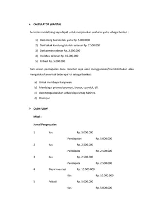  CALCULATOR /KAPITAL
Perincian modal yang saya dapat untuk menjalankan usaha ini yaitu sebagai berikut :
1) Dari orang tua laki-laki yaitu Rp. 5.000.000
2) Dari kakak kandumg laki-laki sebesar Rp. 2.500.000
3) Dari paman sebesar Rp. 2.500.000
4) Investasi sebesar Rp. 10.000.000
5) Pribadi Rp. 5.000.000
Dari uraian pendapatan dana tersebut saya akan menggunakan/mendistribukan atau
mengalokasikan untuk beberapa hal sebagai berikut :
a) Untuk membayar karyawan
b) Membiayai promosi-promosi, brosur, spanduk, dll.
c) Dan mengalokasikan untuk biaya setiap harinya.
d) Disimpan

 CASH FLOW
Misal :
Jurnal Penyesuaian
1

Kas

Rp. 5.000.000
Pendapatan

2

Kas

Rp. 2.500.000
Pendapata

3

Kas

Biaya Investasi

Rp. 2.500.000

Rp. 10.000.000
Kas

5

Rp. 2.500.000

Rp. 2.500.000
Pendapata

4

Rp. 5.000.000

Pribadi

Rp. 10.000.000
Rp. 5.000.000

Kas

Rp. 5.000.000

 