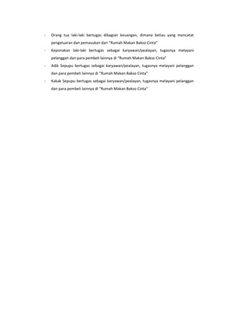 -

Orang tua laki-laki bertugas dibagian keuangan, dimana beliau yang mencatat
pengeluaran dan pemasukan dari “Rumah Makan Bakso Cinta”

-

Keponakan laki-laki bertugas sebagai karyawan/pealayan, tugasnya melayani
pelanggan dan para pembeli lainnya di “Rumah Makan Bakso Cinta”

-

Adik Sepupu bertugas sebagai karyawan/pealayan, tugasnya melayani pelanggan
dan para pembeli lainnya di “Rumah Makan Bakso Cinta”

-

Kakak Sepupu bertugas sebagai karyawan/pealayan, tugasnya melayani pelanggan
dan para pembeli lainnya di “Rumah Makan Bakso Cinta”

 