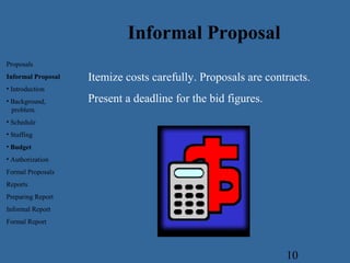 10
Itemize costs carefully. Proposals are contracts.
Present a deadline for the bid figures.
Informal Proposal
Proposals
Informal Proposal
• Introduction
• Background,
problem.
• Schedule
• Staffing
• Budget
• Authorization
Formal Proposals
Reports
Preparing Report
Informal Report
Formal Report
 