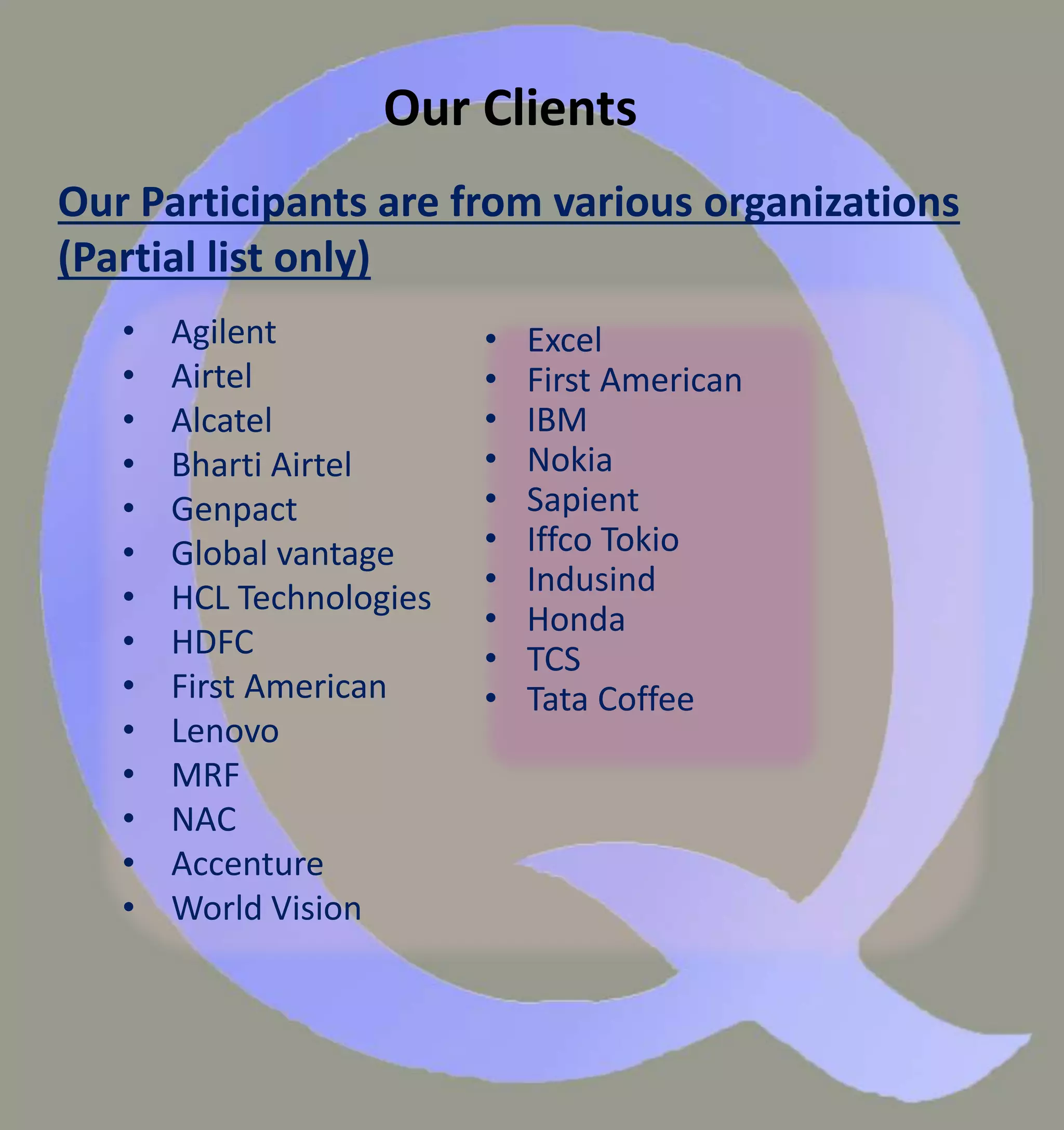Our Clients
• Agilent
• Airtel
• Alcatel
• Bharti Airtel
• Genpact
• Global vantage
• HCL Technologies
• HDFC
• First American
• Lenovo
• MRF
• NAC
• Accenture
• World Vision
• Excel
• First American
• IBM
• Nokia
• Sapient
• Iffco Tokio
• Indusind
• Honda
• TCS
• Tata Coffee
Our Participants are from various organizations
(Partial list only)
 