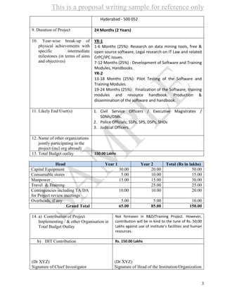 This is a proposal writing sample for reference only
3
Hyderabad - 500 052
9. Duration of Project 24 Months (2 Years)
10. Year-wise break-up of
physical achievements with
specific intermediate
milestones (in terms of aims
and objectives)
YR-1
1-6 Months (25%): Research on data mining tools, free &
open source software, Legal research on IT Law and related
CrPC/IPC issues.
7-12 Months (25%) : Development of Software and Training
Modules, Handbooks.
YR-2
13-18 Months (25%): Pilot Testing of the Software and
Training Modules.
19-24 Months (25%): Finalization of the Software, training
modules and resource handbook. Production &
dissemination of the software and handbook.
11. Likely End User(s) 1. Civil Service Officers / Executive Magistrates /
SDMs/DMs.
2. Police Officials; SSPs, SPS, DSPs, SHOs
3. Judicial Officers.
12. Name of other organizations
jointly participating in the
project (incl org abroad)
13. Total Budget outlay 150.00 Lakhs
Head Year 1 Year 2 Total (Rs in lakhs)
Capital Equipment 30.00 20.00 50.00
Consumable stores 5.00 10.00 15.00
Manpower 15.00 15.00 30.00
Travel & Training 25.00 25.00
Contingencies including TA/DA
for Project review meetings
10.00 10.00 20.00
Overheads, if any 5.00 5.00 10.00
Grand Total 65.00 85.00 150.00
14. a) Contribution of Project
Implementing / & other Organisation in
Total Budget Outlay
Not foreseen in R&D/Training Project. However,
contribution will be in kind to the tune of Rs. 50.00
Lakhs against use of institute’s facilities and human
resources.
b) DIT Contribution Rs. 150.00 Lakhs
(Dr XYZ)
Signature of Chief Investigator
(Dr XYZ)
Signature of Head of the Institution/Organization
 