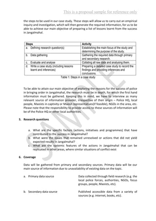 This is a proposal sample for reference only
the steps to be used in our case study. These steps will allow us to carry out an empirical
inquiry and investigation, which will then generate the required information, for us to be
able to achieve our main objective of preparing a list of lessons learnt from the success
in Jangalmahal.
Steps Activity
a. Defining research question(s) Establishing the main focus of the study and
determining the purpose of the study.
b. Data gathering Gathering the required data through primary
and secondary research.
c. Evaluate and analyse Collating all raw data and analysing them.
d. Write a case study (including lessons
learnt and inferences)
Preparing a detailed case study to record the
findings and providing inferences and
conclusions.
Table 1: Steps in a case study
To be able to attain our main objective of exploring the reasons for the success of police
in bringing order in Jangalmahal, the research must be in depth, for which the first hand
information must be gathered. Keeping this in mind, we have to interview as many
relevant source of information provider, irrespective of their origin – Police HQ, local
people, Maoists in captivity or Maoist representatives(if feasible), NGOs in the area, etc.
Please note that the responsibility to provide access to these sources of information will
be of the Police HQ or other local authorities.
5. Research questions
a. What are the specific factors (actions, initiatives and programmes) that have
contributed to the success in Jangalmahal?
b. What were the issues that remained unresolved or actions that did not yield
expected results in Jangalmahal?
c. What are the systemic features of the actions in Jangalmahal that can be
replicated in other areas, where similar situations of conflict exist
6. Coverage
Data will be gathered from primary and secondary sources. Primary data will be our
main source of information due to unavailability of existing data on the topic.
a. Primary data source Data collected through field research (e.g. the
local police forces, authorities, NGOs, focus
groups, people, Maoists, etc).
b. Secondary data source Published accessible data from a variety of
sources (e.g. internet, books, etc).
 
