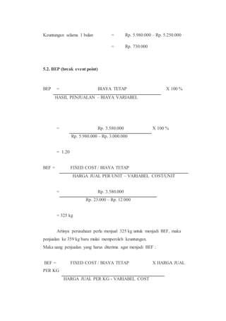 Keuntungan selama 1 bulan = Rp. 5.980.000 – Rp. 5.250.000
= Rp. 730.000
5.2. BEP (break event point)
BEP = BIAYA TETAP X 100 %
= Rp. 3.580.000 X 100 %
Rp. 5.980.000 – Rp. 3.000.000
= 1.20
BEF = FIXED COST / BIAYA TETAP
HARGA JUAL PER UNIT – VARIABEL COST/UNIT
= Rp. 3.580.000
Rp. 23.000 – Rp. 12.000
= 325 kg
Artinya perusahaan perlu menjual 325 kg untuk menjadi BEF, maka
penjualan ke 359 kg baru mulai memperoleh keuntungan.
Maka uang penjualan yang harus diterima agar menjadi BEF :
BEF = FIXED COST / BIAYA TETAP X HARGA JUAL
PER KG
HARGA JUAL PER KG - VARIABEL COST
HASIL PENJUALAN – BIAYA VARIABEL
 
