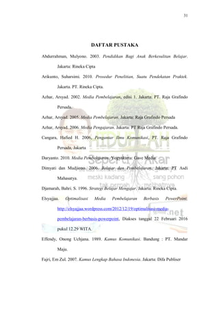 31
DAFTAR PUSTAKA
Abdurrahman, Mulyono. 2003. Pendidikan Bagi Anak Berkesulitan Belajar.
Jakarta: Rineka Cipta
Arikunto, Suharsimi. 2010. Prosedur Penelitian, Suatu Pendekatan Praktek.
Jakarta. PT. Rineka Cipta.
Azhar, Arsyad. 2002. Media Pembelajaran, edisi 1. Jakarta: PT. Raja Grafindo
Persada.
Azhar, Arsyad. 2005. Media Pembelajaran. Jakarta: Raja Grafindo Persada
Azhar, Arsyad. 2006. Media Pengajaran. Jakarta: PT Raja Grafindo Persada.
Cangara, Hafied H. 2006, Pengantar Ilmu Komunikasi, PT. Raja Grafindo
Persada, Jakarta
Daryanto. 2010. Media Pembelajaran. Yogyakarta: Gave Media.
Dimyati dan Mudjiono. 2006. Belajar dan Pembelajaran. Jakarta: PT Asdi
Mahasatya.
Djamarah, Bahri. S. 1996. Strategi Belajar Mengajar. Jakarta: Rineka Cipta.
Elsyajjaa. Optimalisasi Media Pembelajaran Berbasis PowerPoint.
http://elsyajjaa.wordpress.com/2012/12/19/optimalisasi-media-
pembelajaran-berbasis-powerpoint, Diakses tanggal 22 Februari 2016
pukul 12.29 WITA.
Effendy, Onong Uchjana. 1989. Kamus Komunikasi. Bandung : PT. Mandar
Maju.
Fajri, Em Zul. 2007. Kamus Lengkap Bahasa Indonesia. Jakarta: Difa Publiser
 