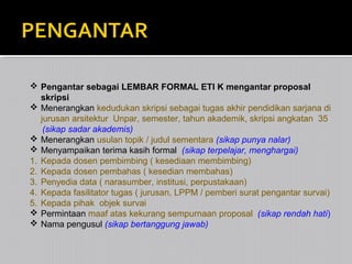  Pengantar sebagai LEMBAR FORMAL ETI K mengantar proposal
skripsi
 Menerangkan kedudukan skripsi sebagai tugas akhir pendidikan sarjana di
jurusan arsitektur Unpar, semester, tahun akademik, skripsi angkatan 35
(sikap sadar akademis)
 Menerangkan usulan topik / judul sementara (sikap punya nalar)
 Menyampaikan terima kasih formal (sikap terpelajar, menghargai)
1. Kepada dosen pembimbing ( kesediaan membimbing)
2. Kepada dosen pembahas ( kesedian membahas)
3. Penyedia data ( narasumber, institusi, perpustakaan)
4. Kepada fasilitator tugas ( jurusan, LPPM / pemberi surat pengantar survai)
5. Kepada pihak objek survai
 Permintaan maaf atas kekurang sempurnaan proposal (sikap rendah hati)
 Nama pengusul (sikap bertanggung jawab)

 