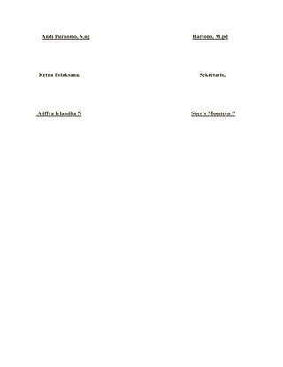 Andi Purnomo, S.ag Hartono, M.pd
Ketua Pelaksana, Sekretaris,
Aliffya Irlandha N Sherly Moesteen P
 